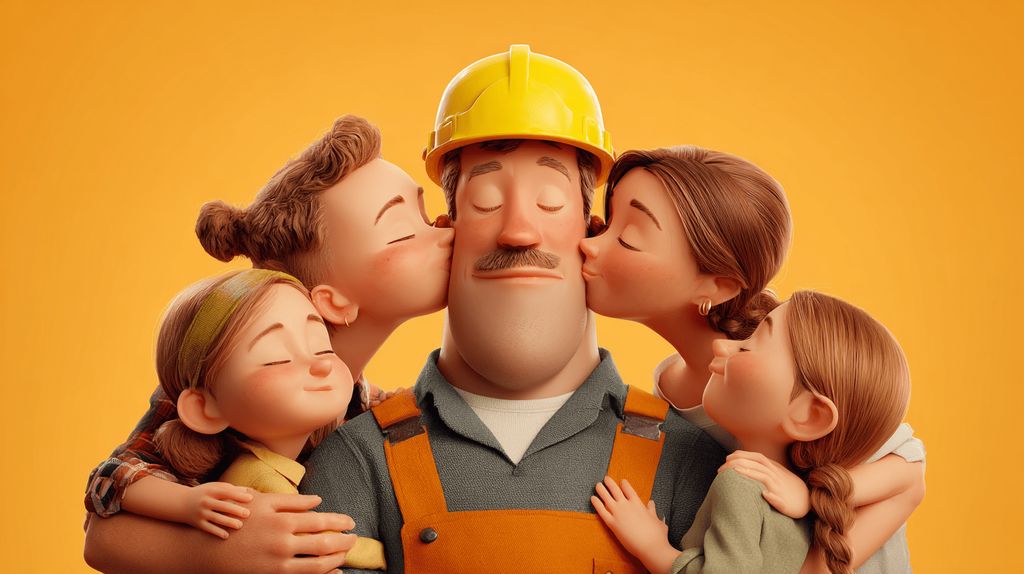 Illustration of a tradie in a hard hat being hugged by his family