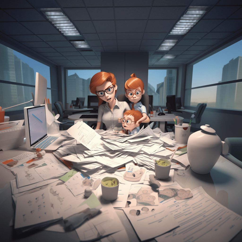 Illustration of a parent and child at a desk buried in paperwork
